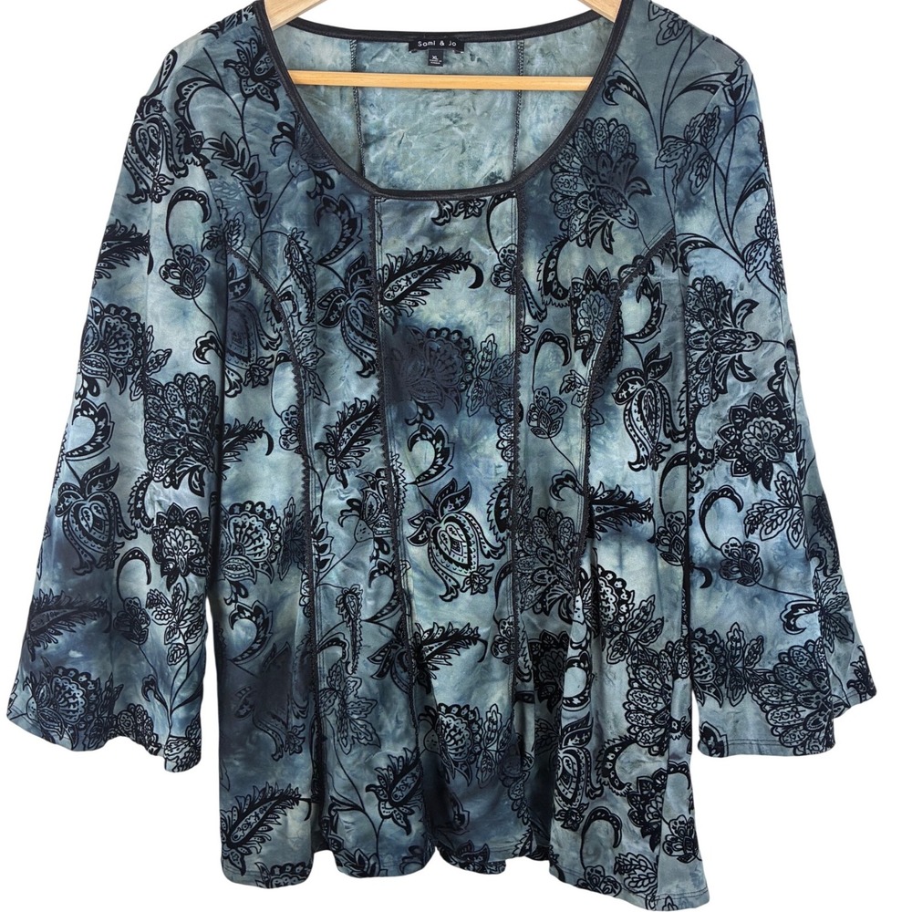 Y2K Fairy Grunge Black Burnout Velvet Top XL Floral Boho Bell Sleeve Whimsigoth - Picture 3 of 8